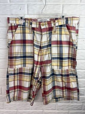 NAUTICA JEANS CO. PLAID SHORTS 100% COTTON YELLOW RED NAVY MENS SIZE 34